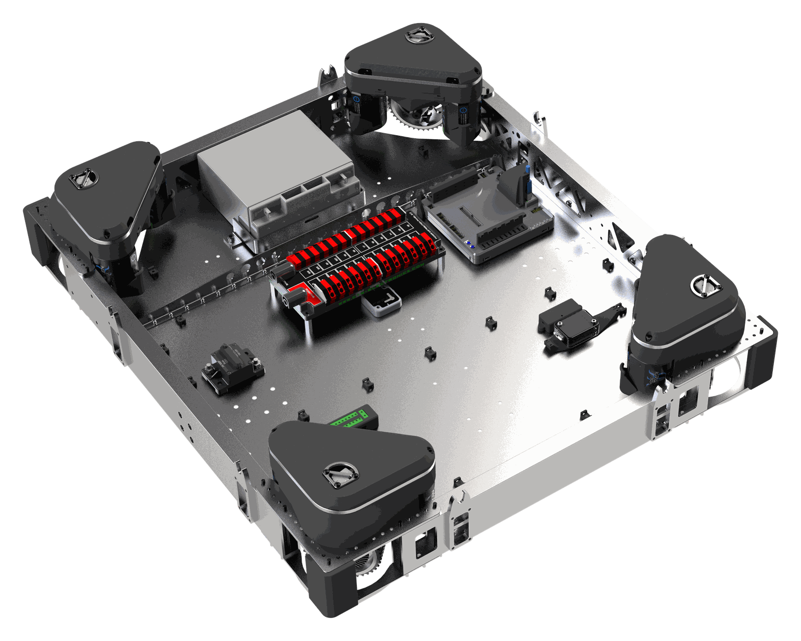 2056 drivetrain render — swerve base with electronics